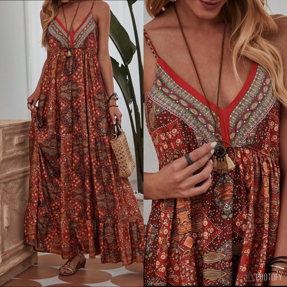 Bohemian Boho Gypsy Ruffle Cami Maxi Dress RED - Picture 4 of 16